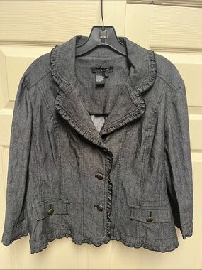 Lightweight Ruffle-Trim Black/Gray Denim Jacket by